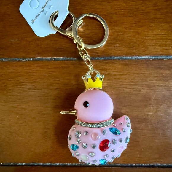 NEW Pink Jeweled Duck with Crystals and Crown Keychain Charm - Picture 2 of 6